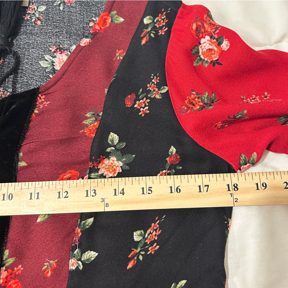 Style & Co. Floral Patchwork Red Black Peasant Whimsygoth Blouse w/ Velvet - Picture 10 of 11